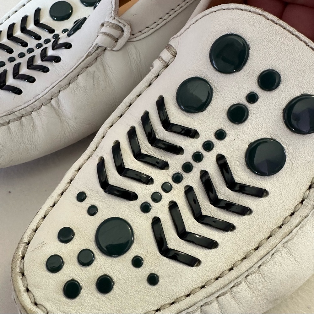 Tod’s White Loafers with Black and Green Accents
